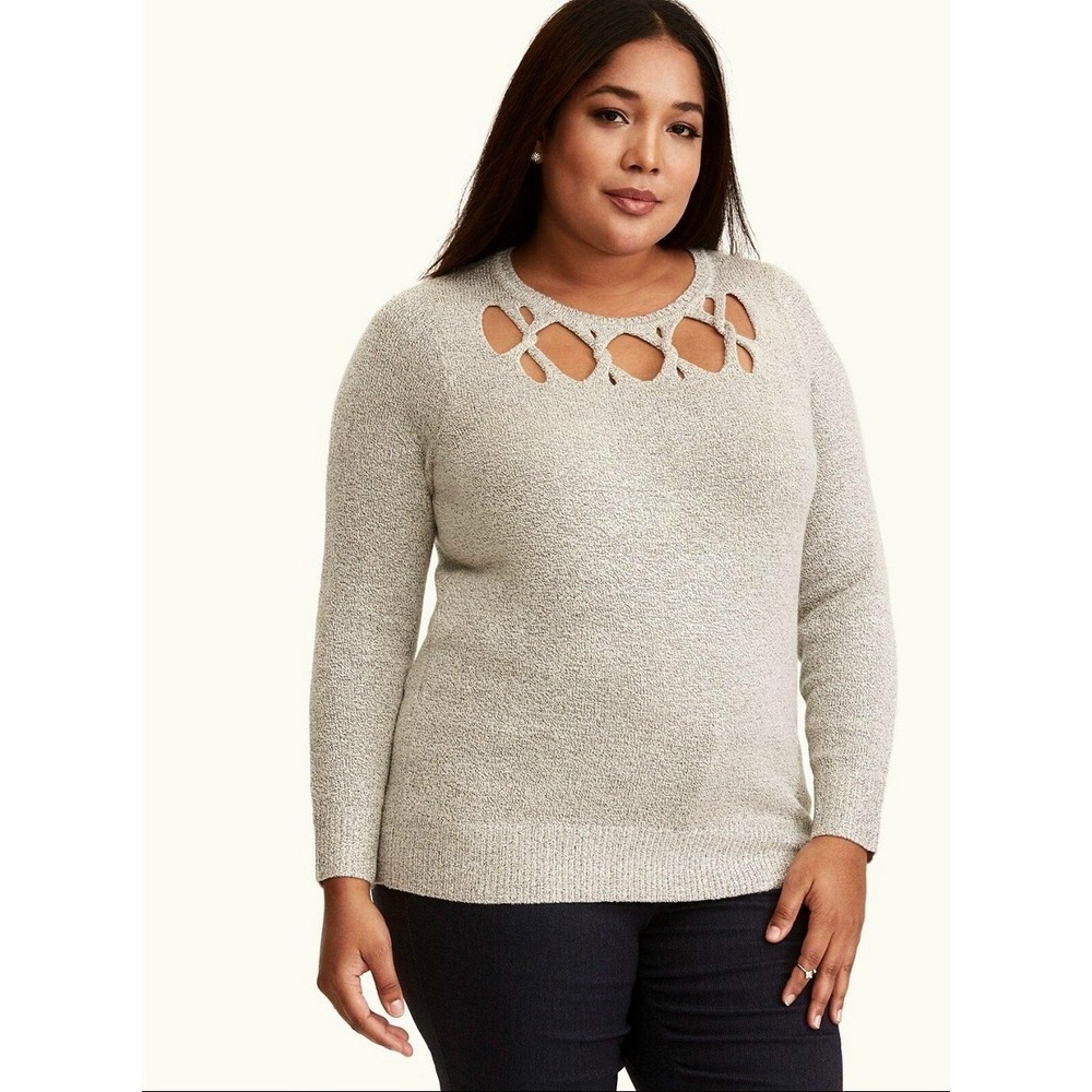 Torrid Gray Marled Cut Out‎ Twist Neck Sweater Size 4X Feminine Boho